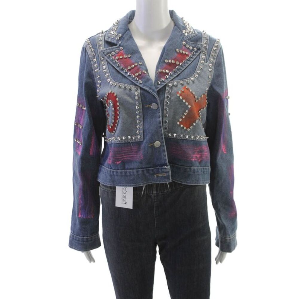 Designer Womens Biker Denim Jacket Multicolor Button Long Sleeve Punk Size S